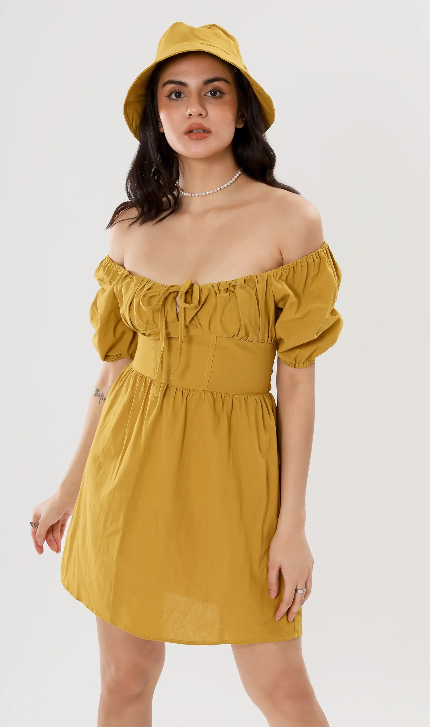 QUINCY Ruched Puff-Sleeve Dress w/ Hat (Mustard)