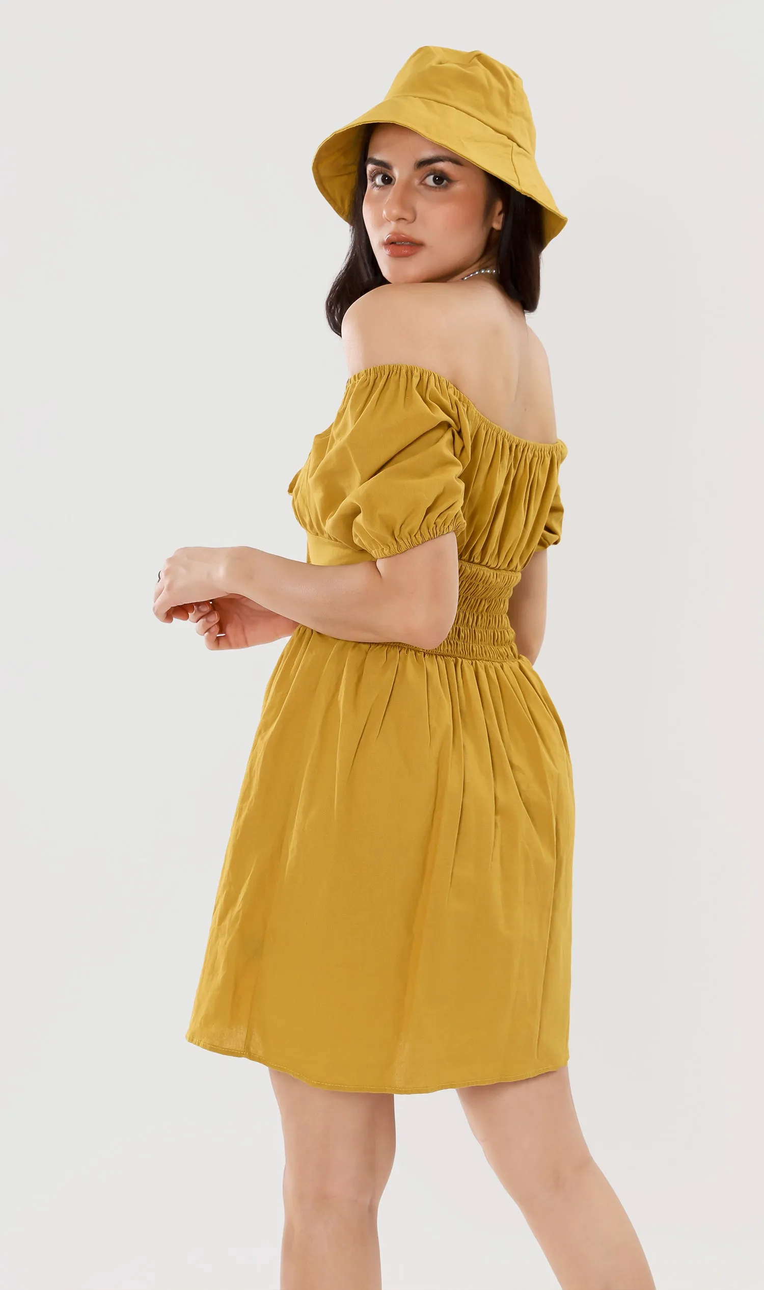 QUINCY Ruched Puff-Sleeve Dress w/ Hat (Mustard)