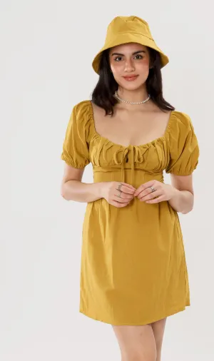 QUINCY Ruched Puff-Sleeve Dress w/ Hat (Mustard)