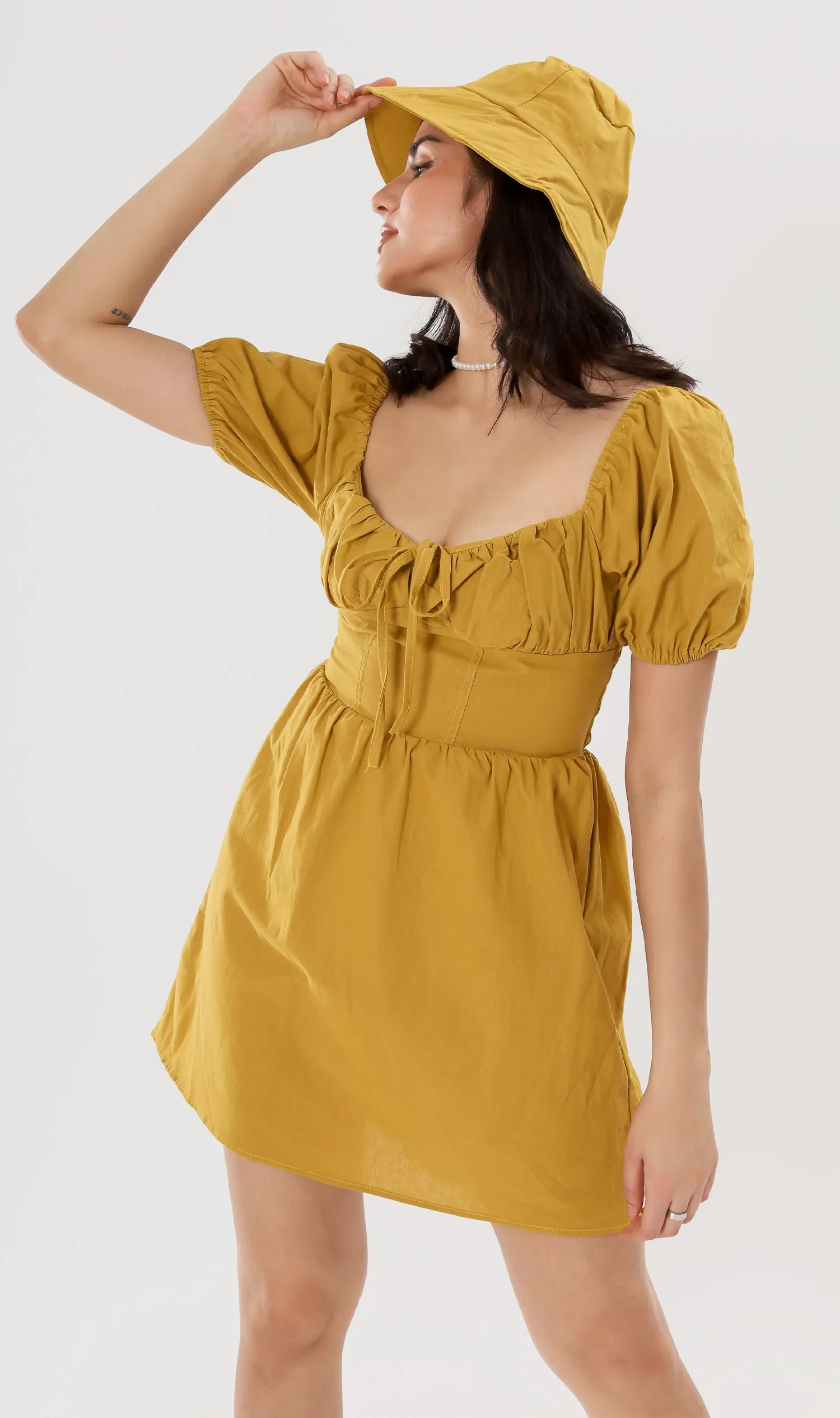 QUINCY Ruched Puff-Sleeve Dress w/ Hat (Mustard)