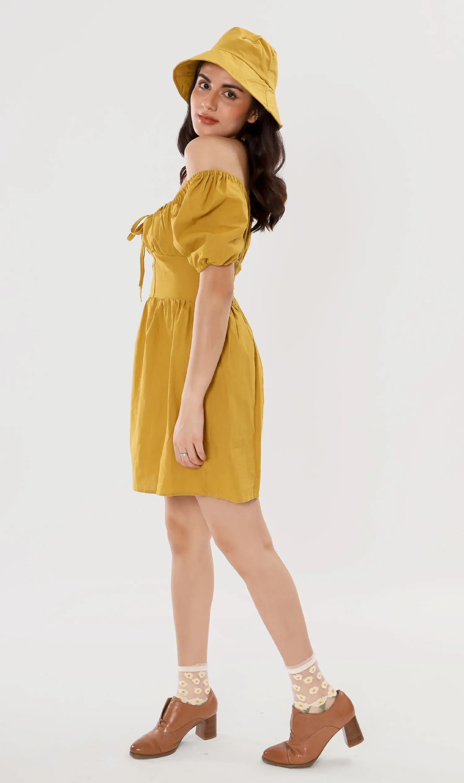 QUINCY Ruched Puff-Sleeve Dress w/ Hat (Mustard)