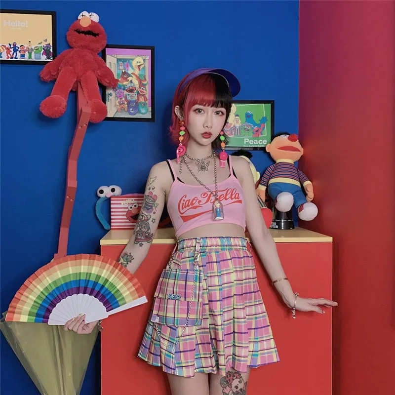 Rainbow plaid Skirt With Chain and pocket