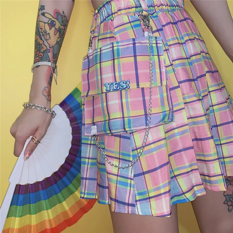 Rainbow plaid Skirt With Chain and pocket