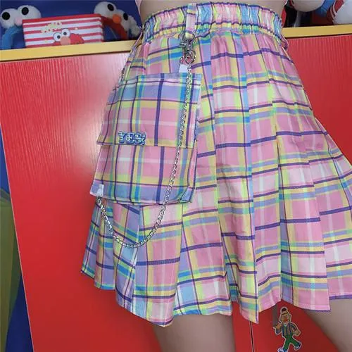 Rainbow plaid Skirt With Chain and pocket