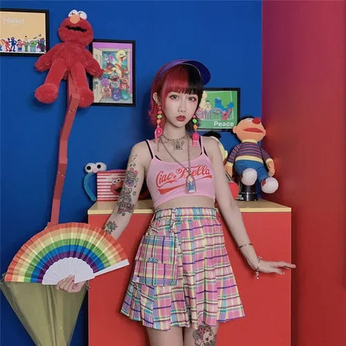 Rainbow plaid Skirt With Chain and pocket