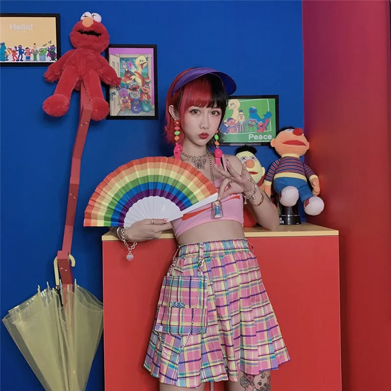 Rainbow plaid Skirt With Chain and pocket