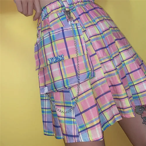 Rainbow plaid Skirt With Chain and pocket