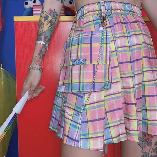 Rainbow plaid Skirt With Chain and pocket