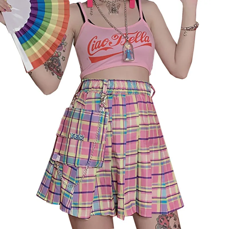 Rainbow plaid Skirt With Chain and pocket
