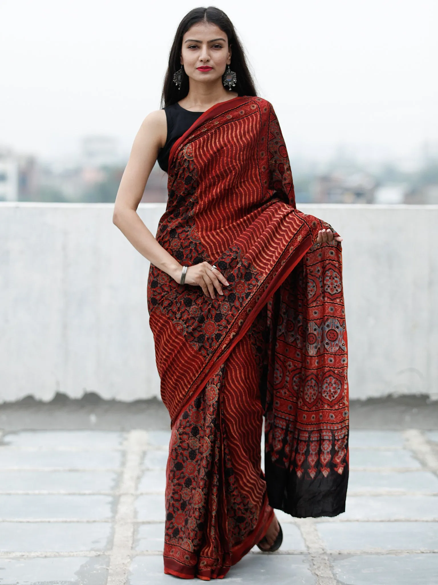 Red Black Beige Indigo Ajrakh Hand Block Printed Modal Silk Saree in Natural Colors - S031703734