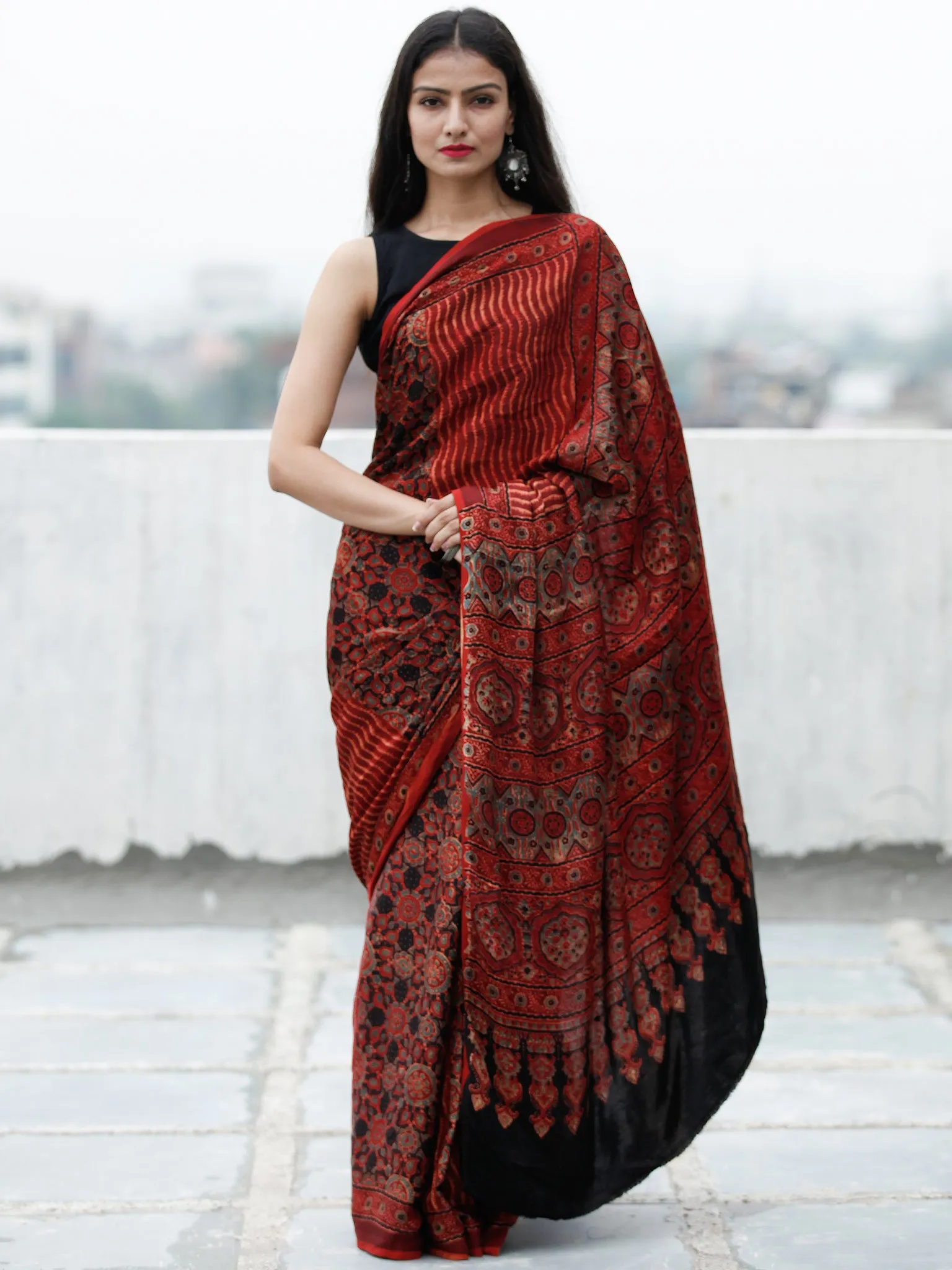 Red Black Beige Indigo Ajrakh Hand Block Printed Modal Silk Saree in Natural Colors - S031703734