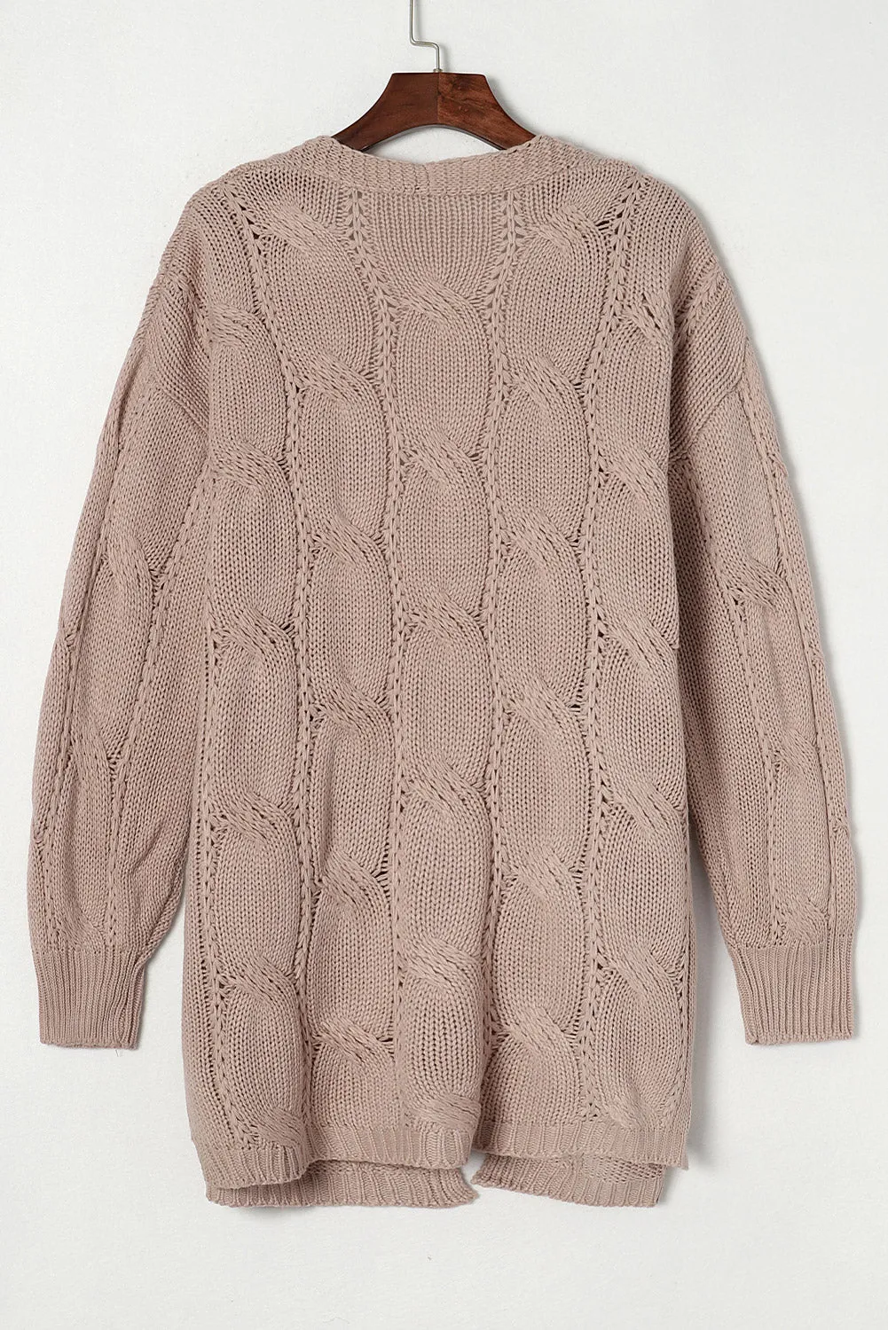 Ribbed Trim Eyelet Cable Knit Cardigan