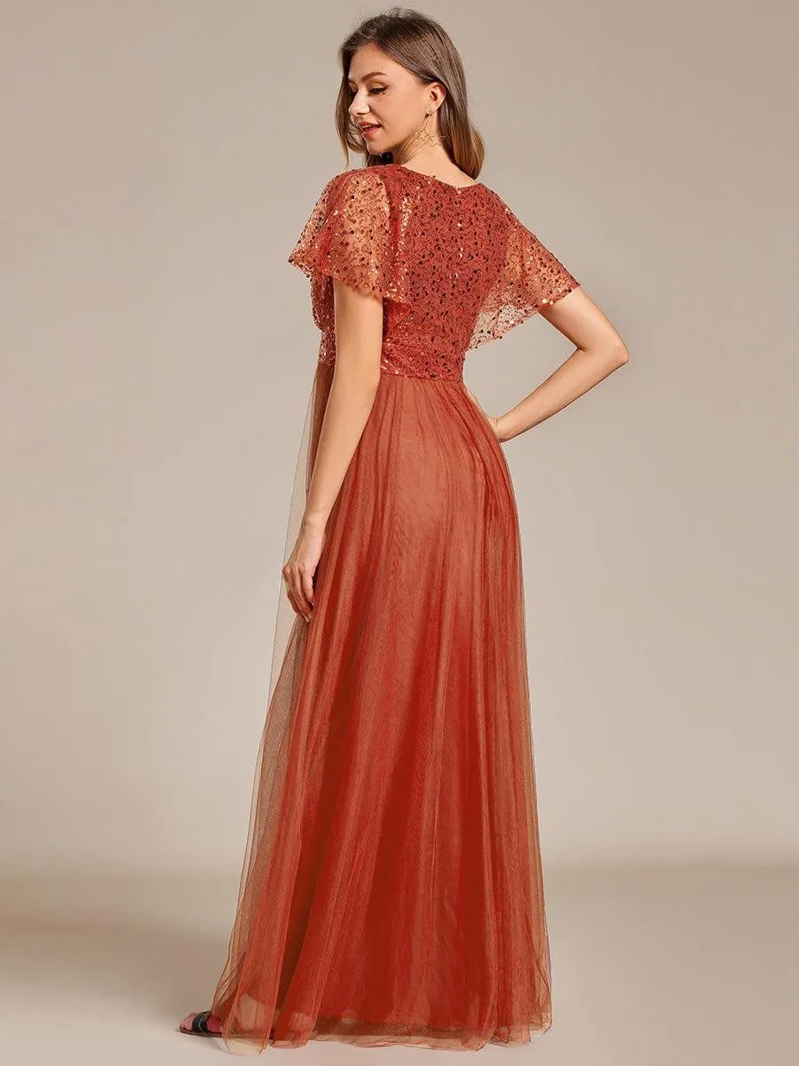 Robe de soirée formelle en tulle à sequins scintillants et col en V