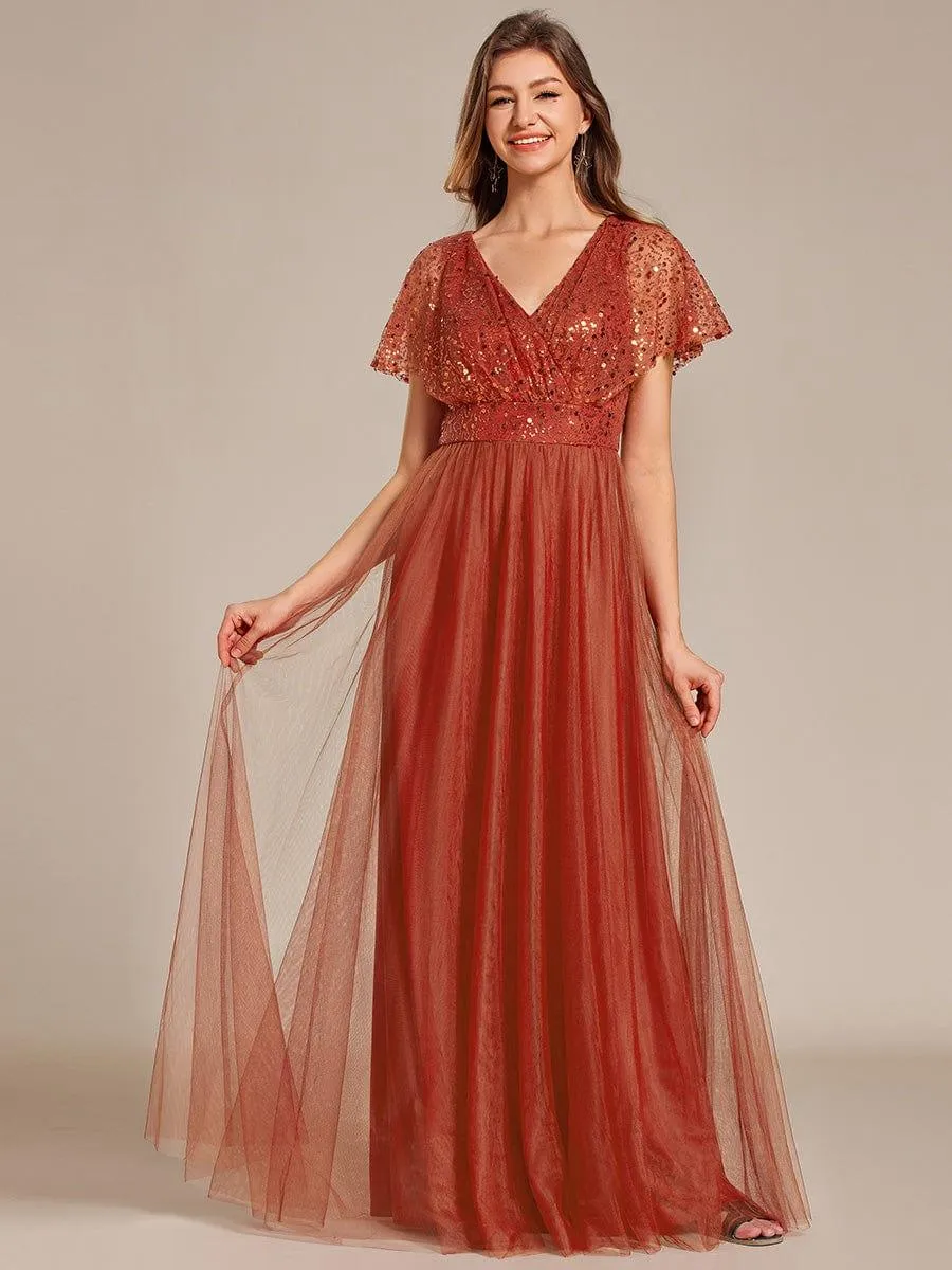 Robe de soirée formelle en tulle à sequins scintillants et col en V