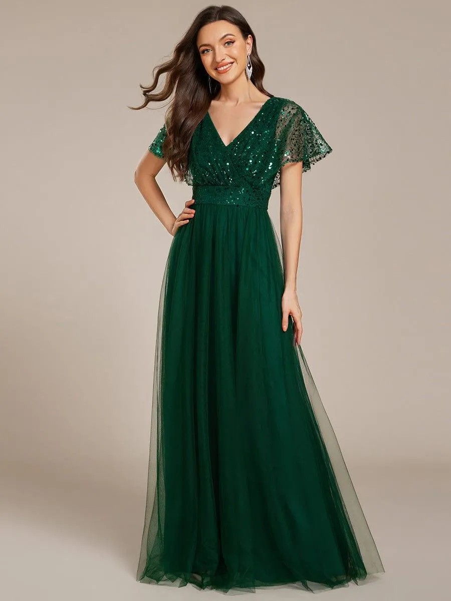 Robe de soirée formelle en tulle à sequins scintillants et col en V