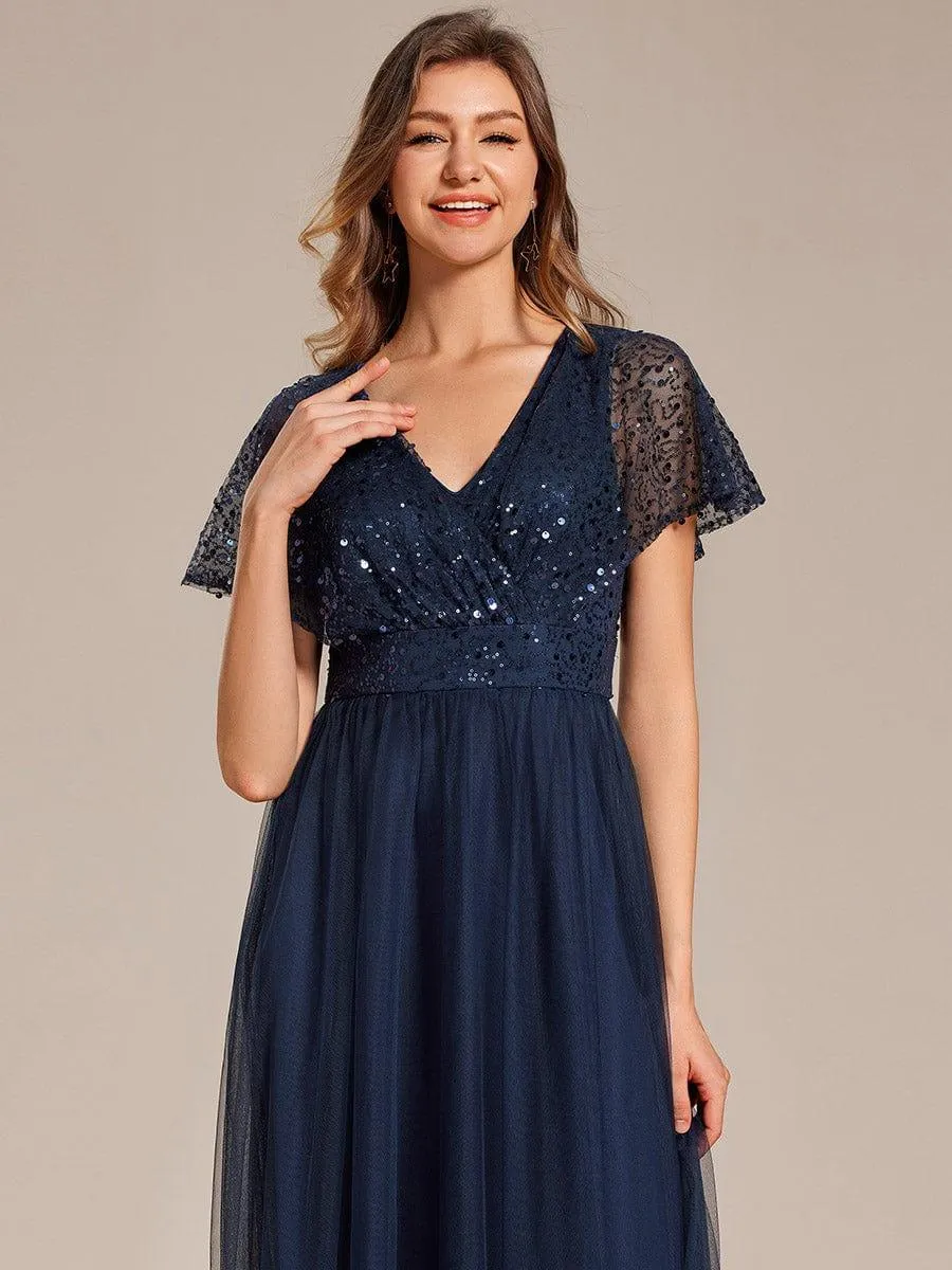 Robe de soirée formelle en tulle à sequins scintillants et col en V