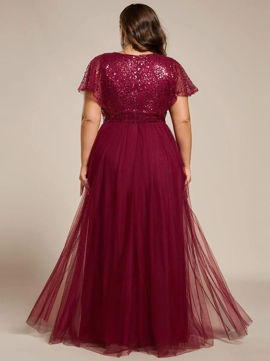 Robe de soirée formelle en tulle à sequins scintillants et col en V