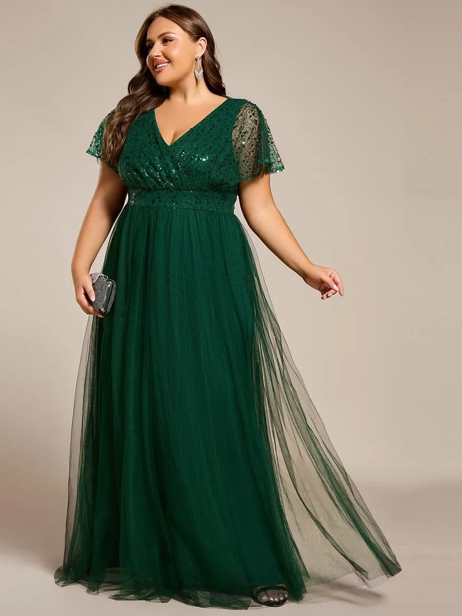 Robe de soirée formelle en tulle à sequins scintillants et col en V
