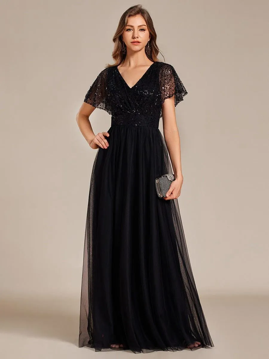 Robe de soirée formelle en tulle à sequins scintillants et col en V