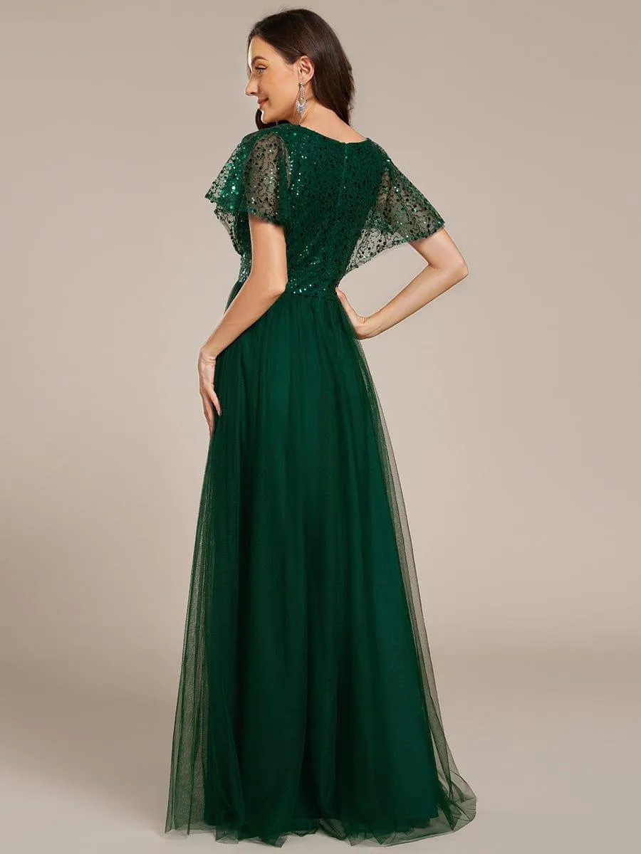 Robe de soirée formelle en tulle à sequins scintillants et col en V
