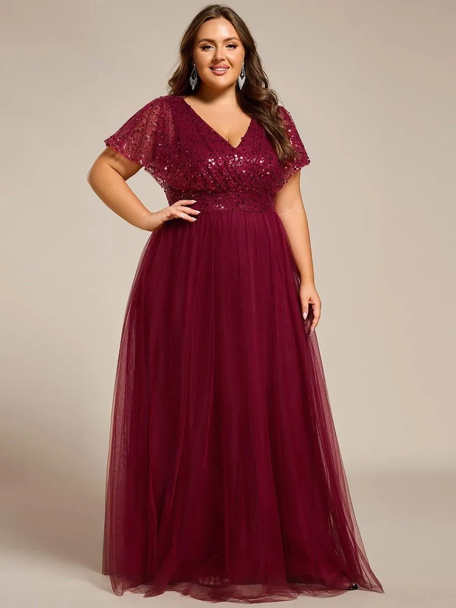 Robe de soirée formelle en tulle à sequins scintillants et col en V
