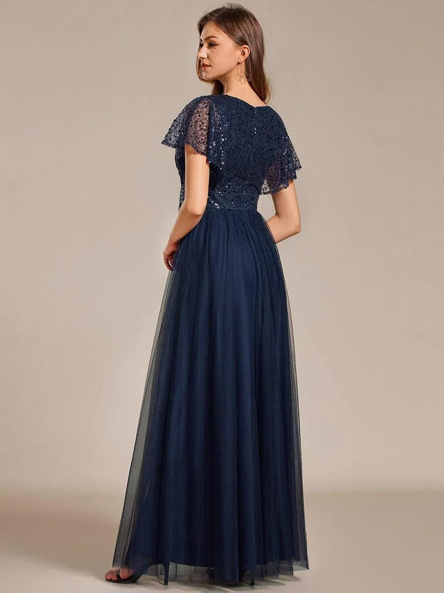Robe de soirée formelle en tulle à sequins scintillants et col en V