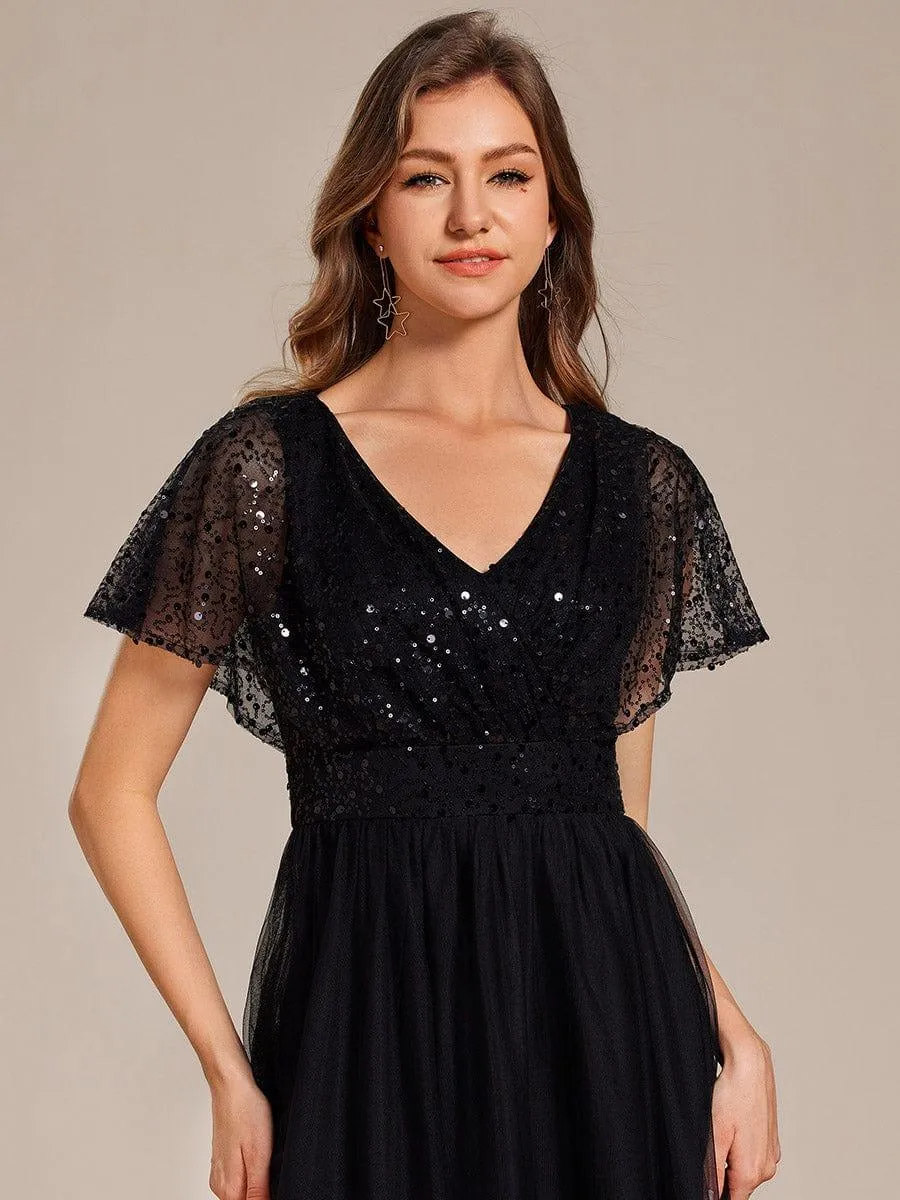 Robe de soirée formelle en tulle à sequins scintillants et col en V