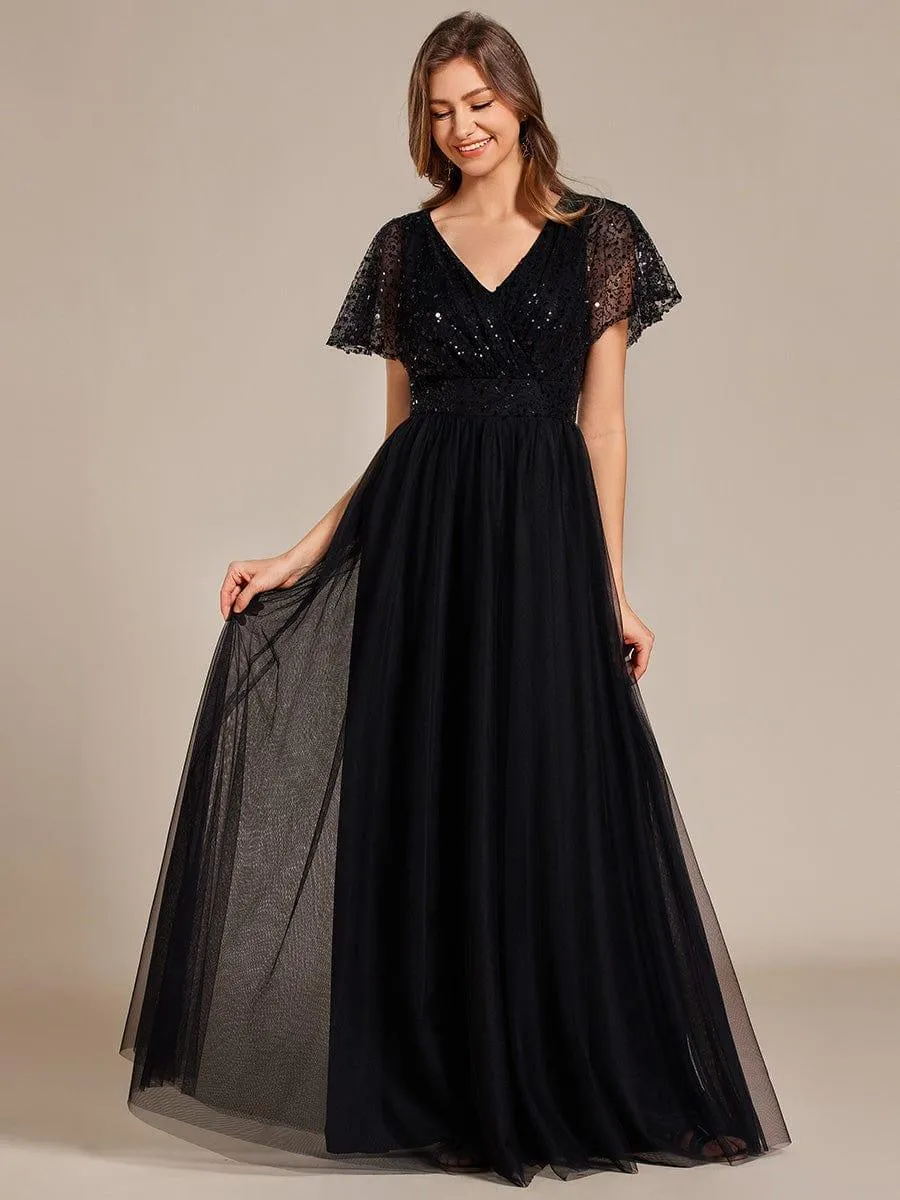 Robe de soirée formelle en tulle à sequins scintillants et col en V