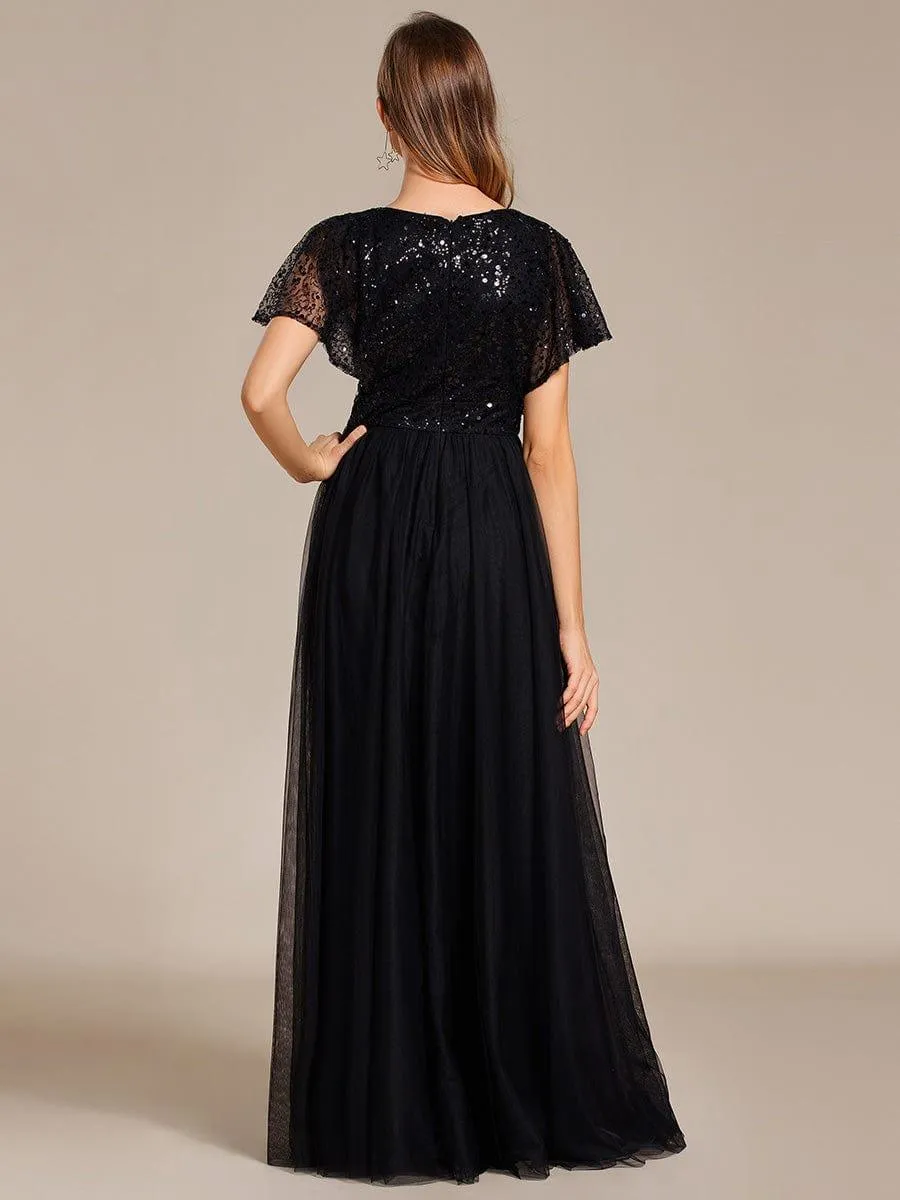 Robe de soirée formelle en tulle à sequins scintillants et col en V