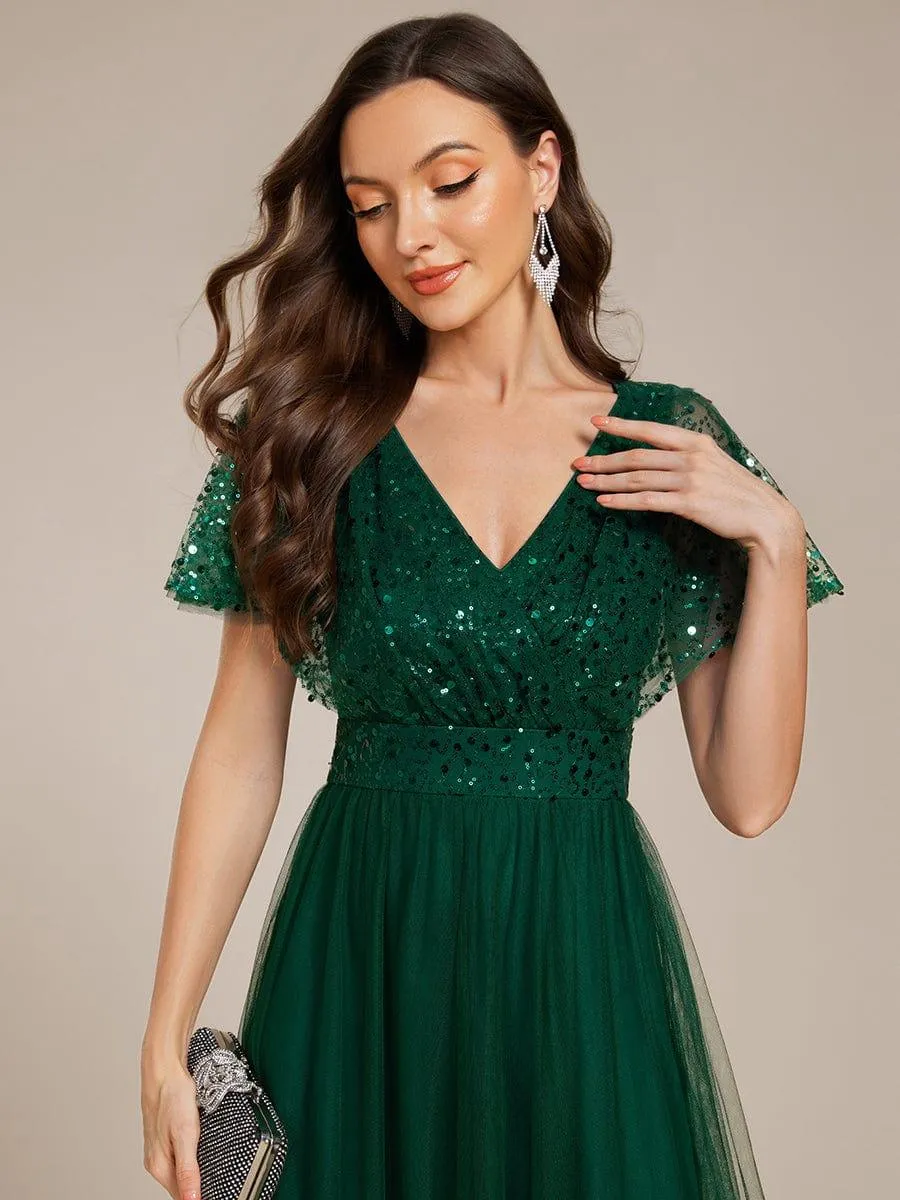 Robe de soirée formelle en tulle à sequins scintillants et col en V