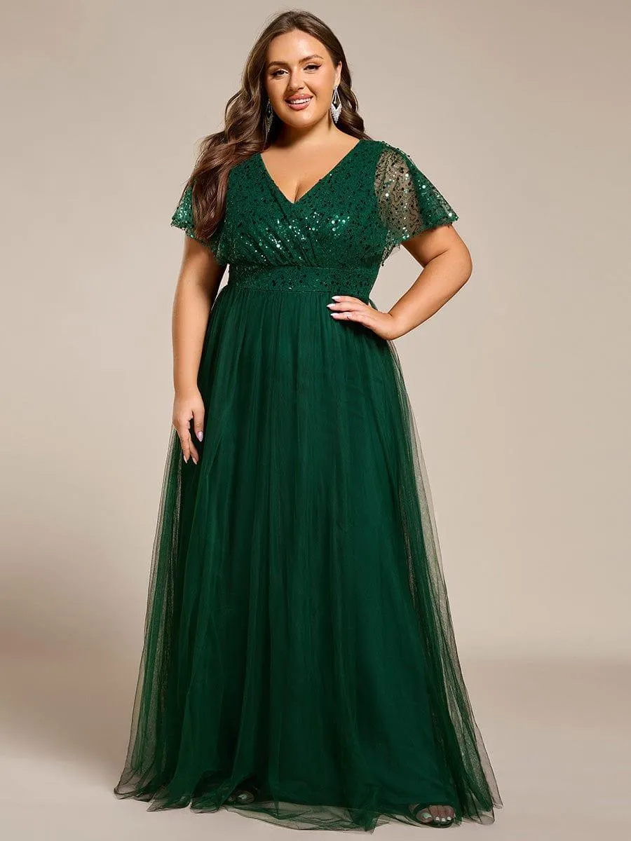 Robe de soirée formelle en tulle à sequins scintillants et col en V