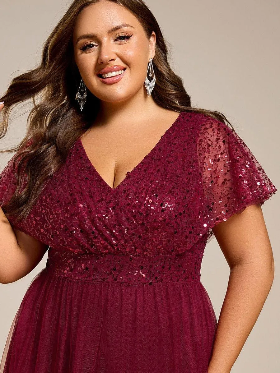 Robe de soirée formelle en tulle à sequins scintillants et col en V