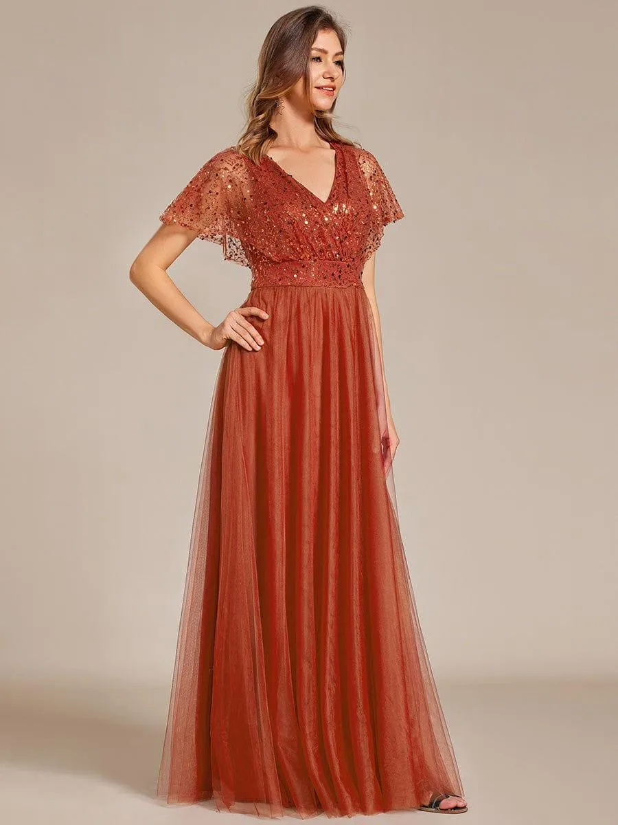 Robe de soirée formelle en tulle à sequins scintillants et col en V