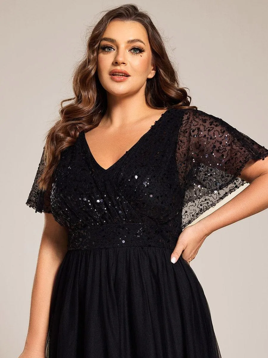Robe de soirée formelle en tulle à sequins scintillants et col en V