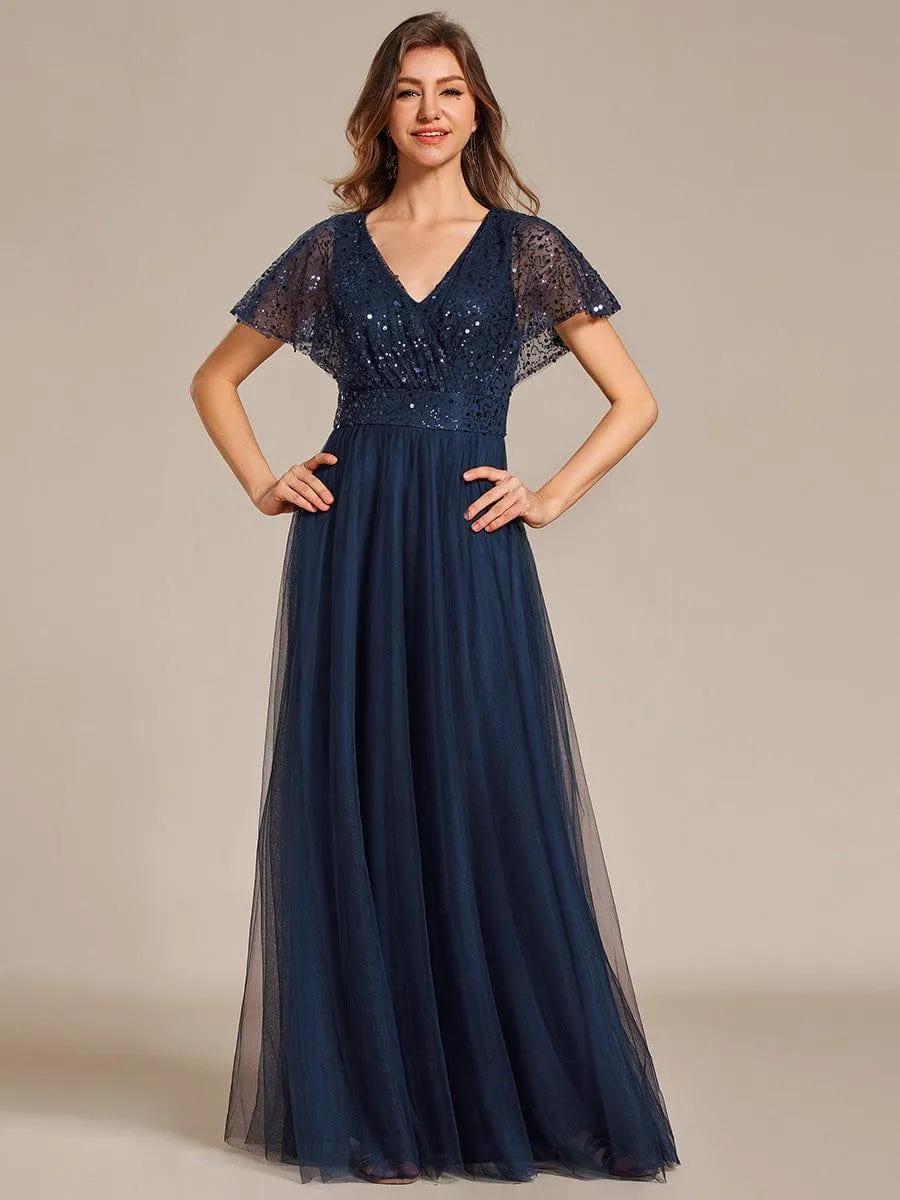 Robe de soirée formelle en tulle à sequins scintillants et col en V