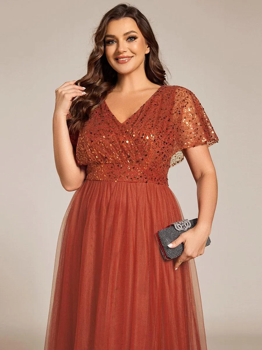Robe de soirée formelle en tulle à sequins scintillants et col en V