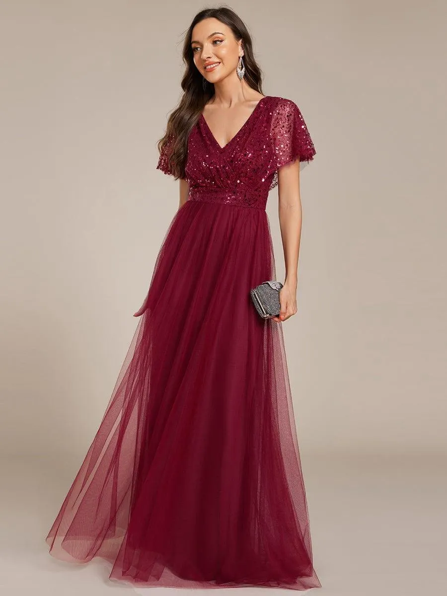 Robe de soirée formelle en tulle à sequins scintillants et col en V