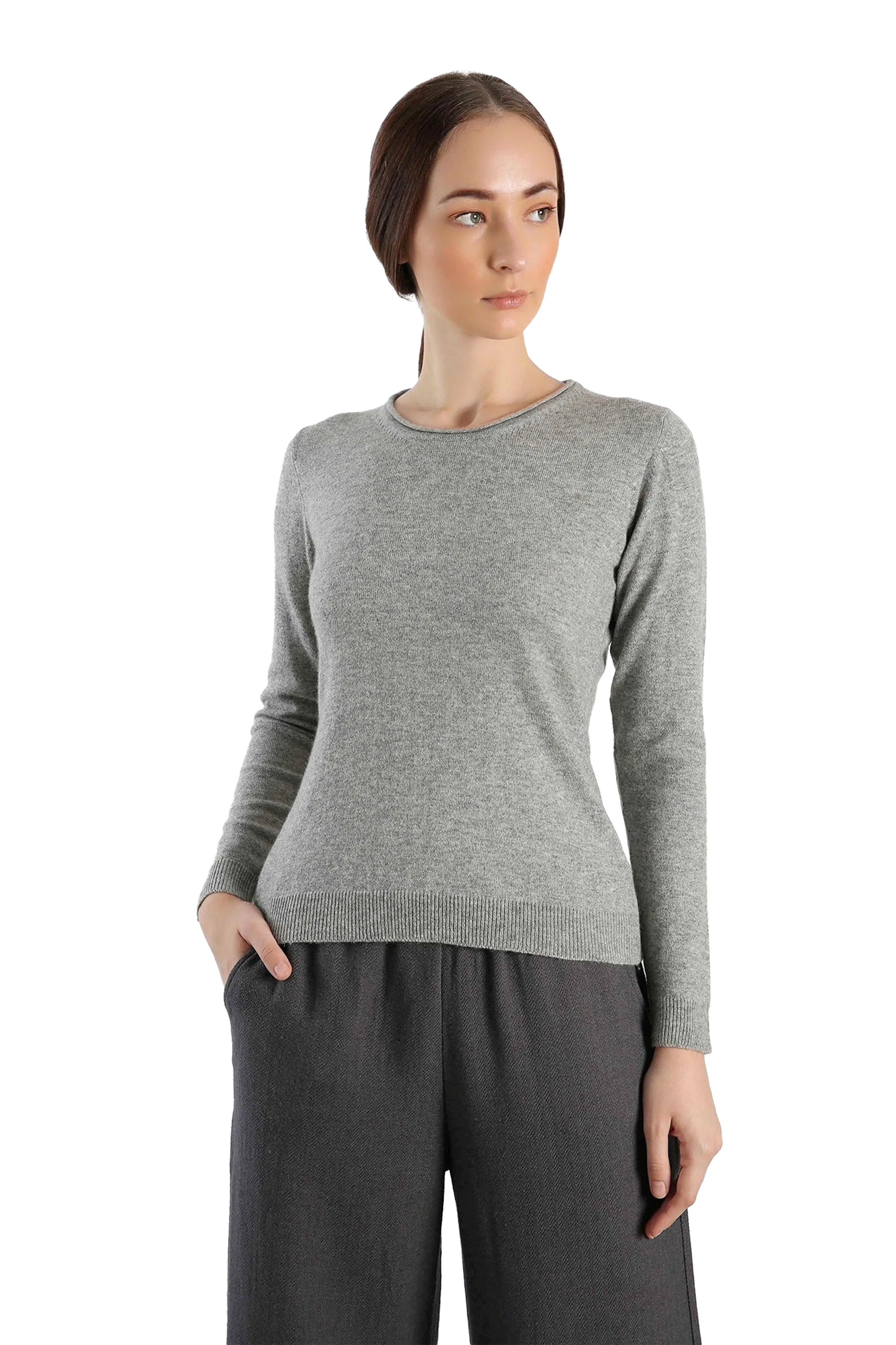 Roll neckline pure cashmere sweater in grey colour