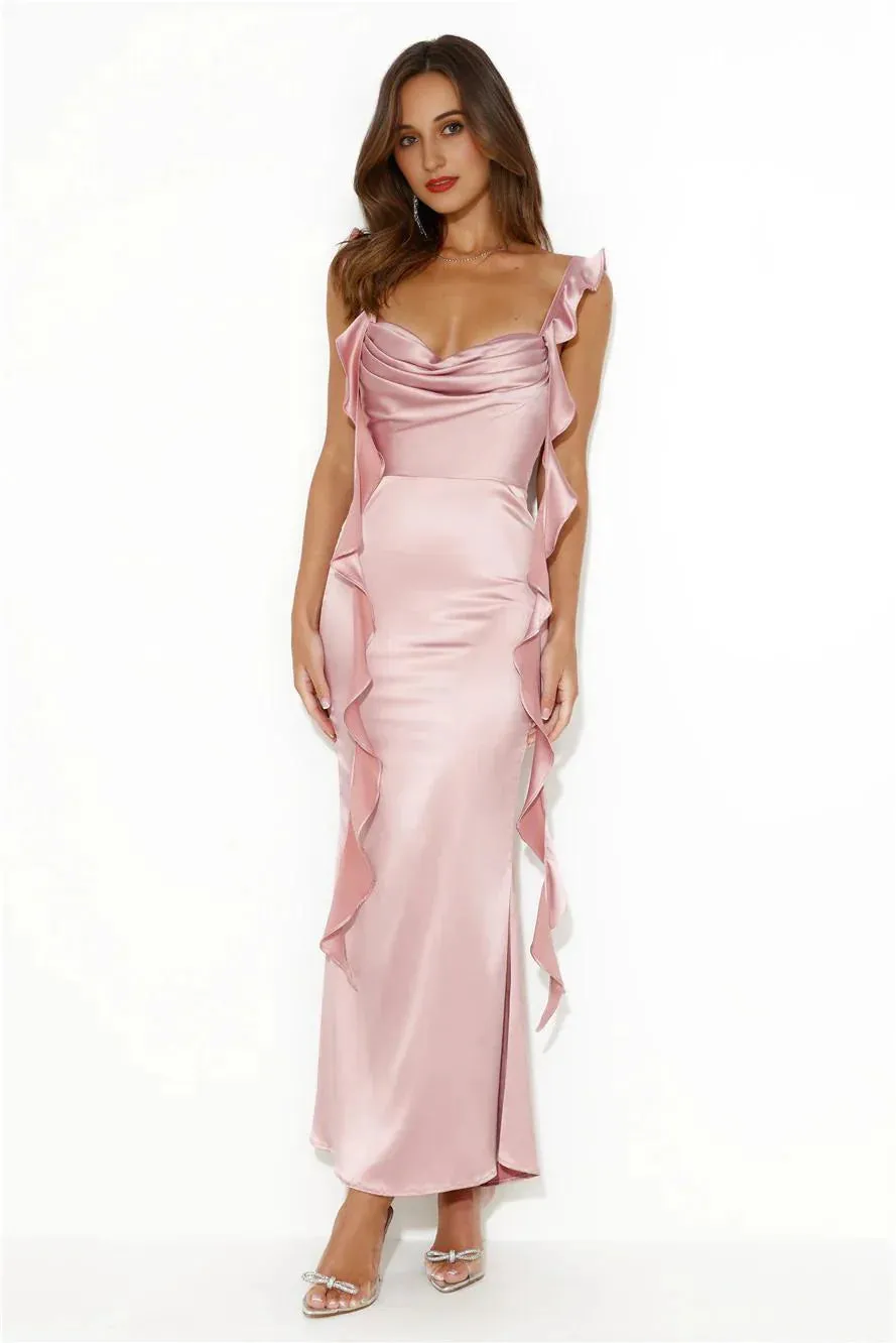 Romance High Satin Maxi Dress Blush