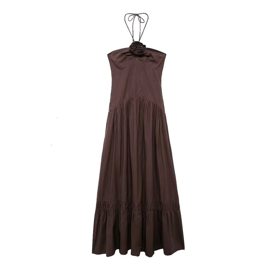 Rosette Shirred Halter Maxi Dress