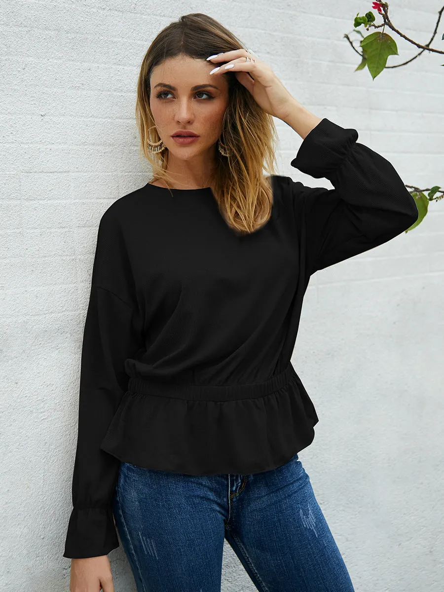 Round Neck Bell Sleeve Long Sleeve Shirt
