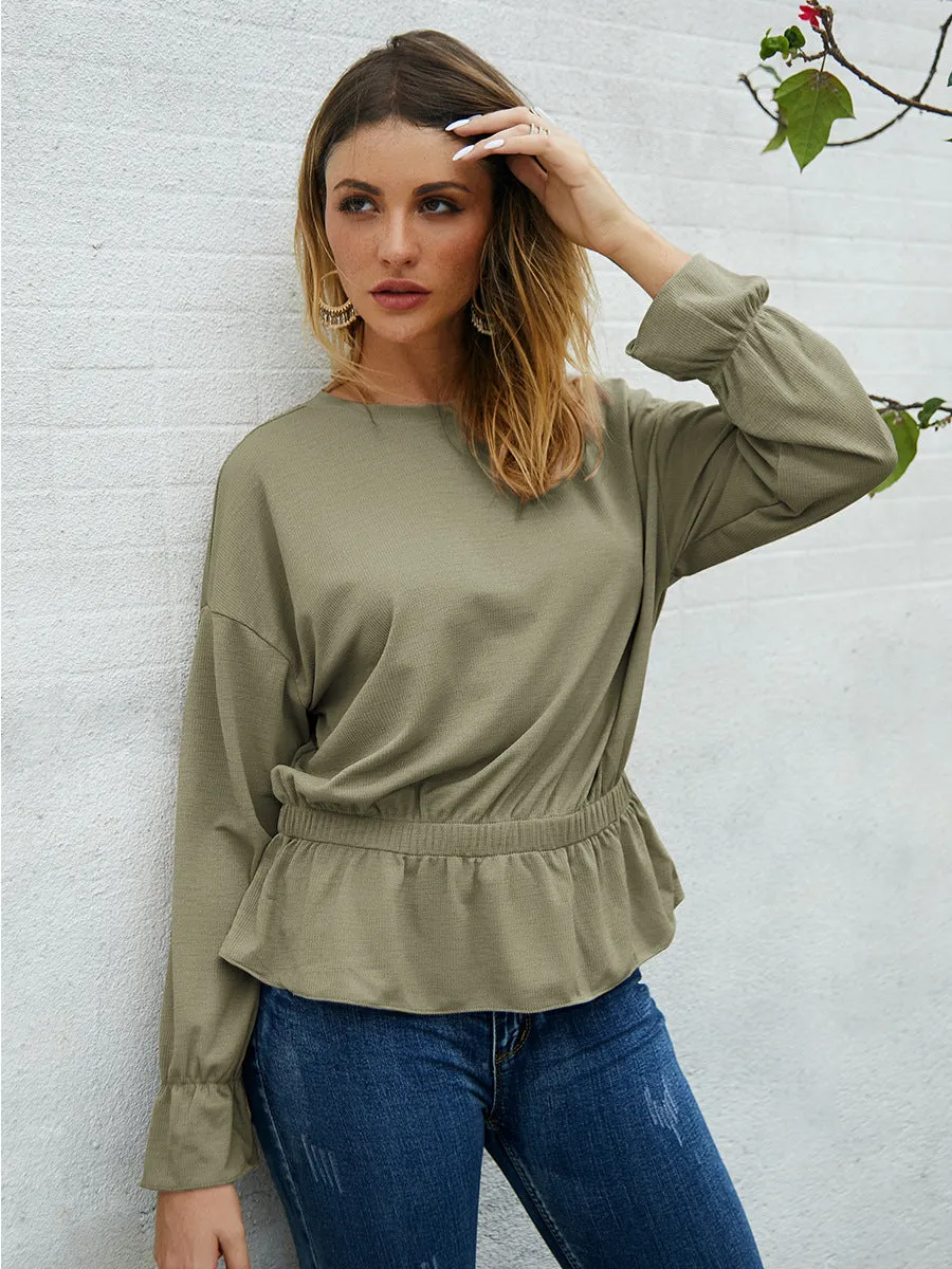 Round Neck Bell Sleeve Long Sleeve Shirt