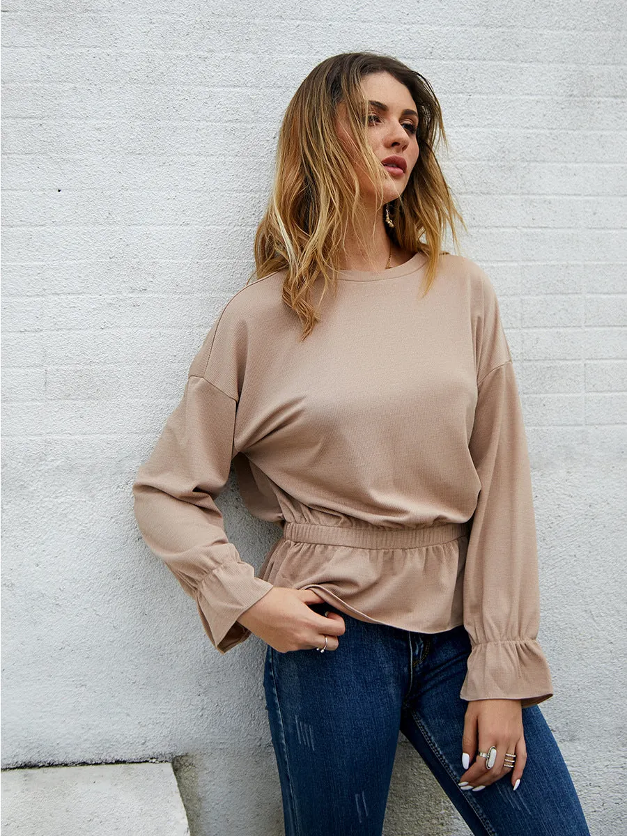 Round Neck Bell Sleeve Long Sleeve Shirt