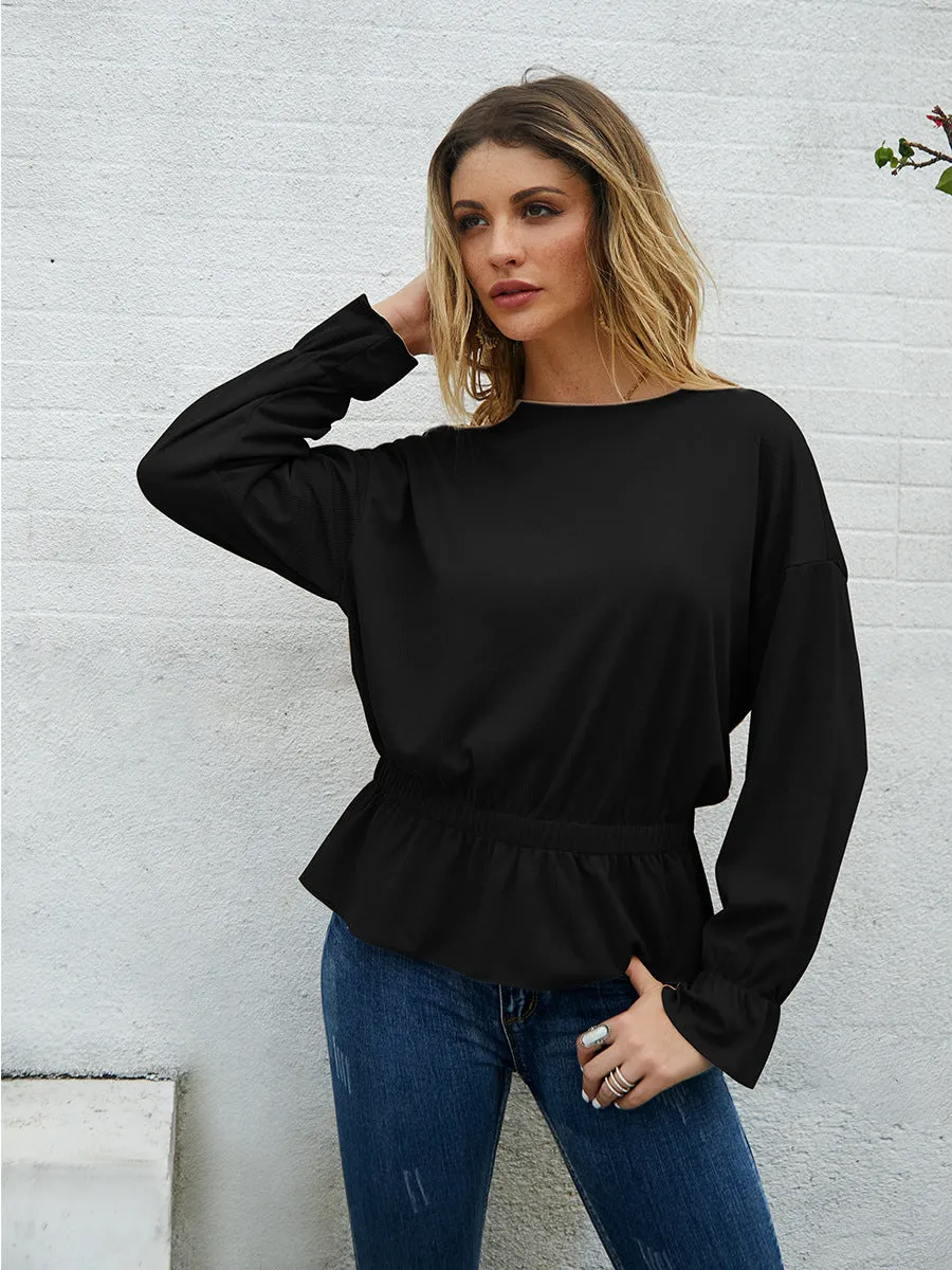 Round Neck Bell Sleeve Long Sleeve Shirt