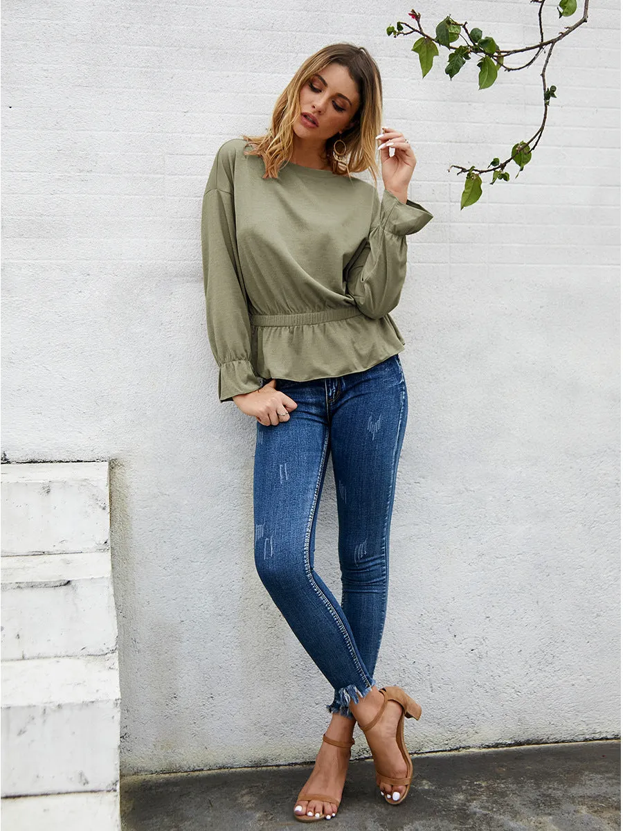 Round Neck Bell Sleeve Long Sleeve Shirt