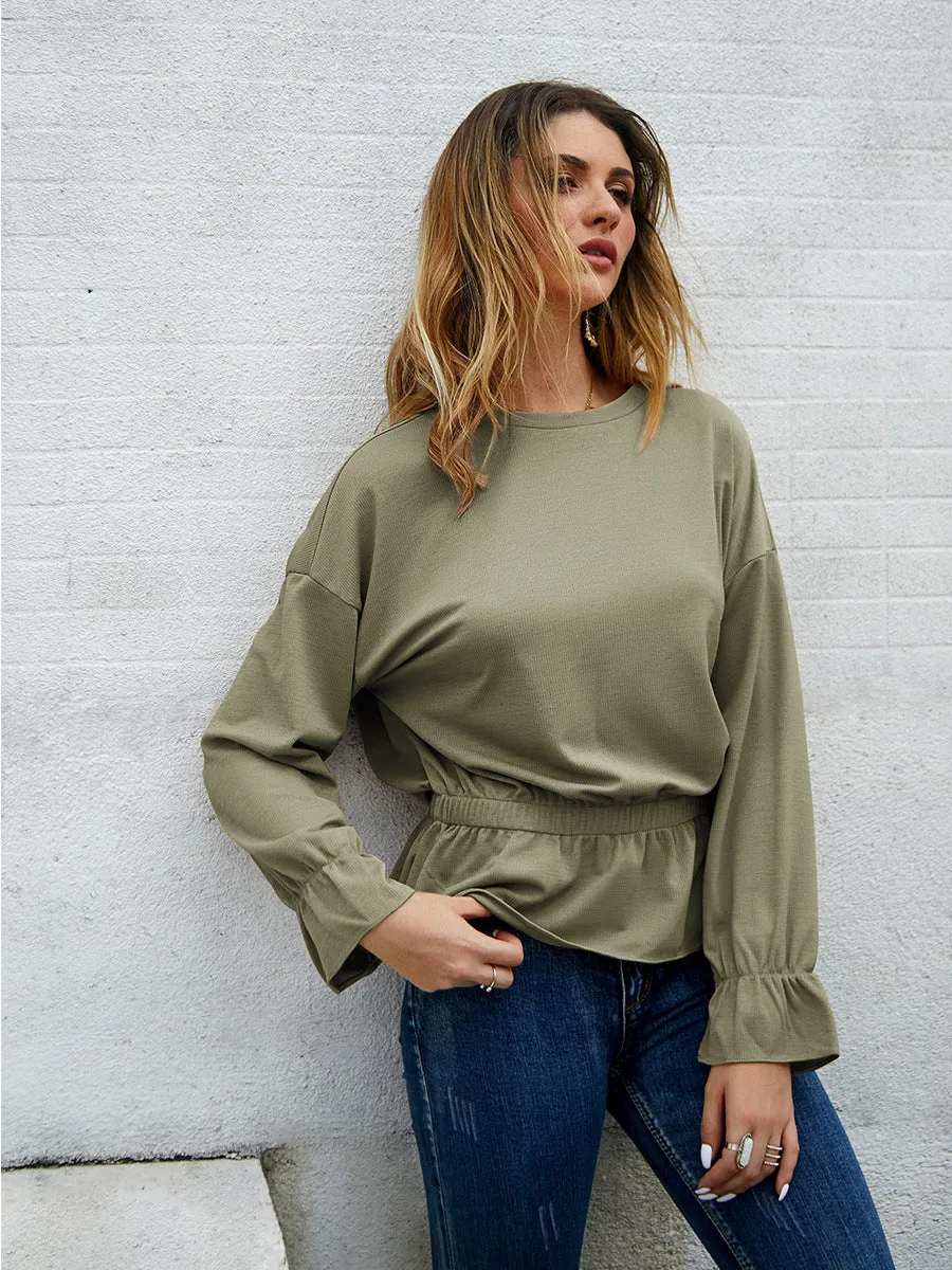 Round Neck Bell Sleeve Long Sleeve Shirt