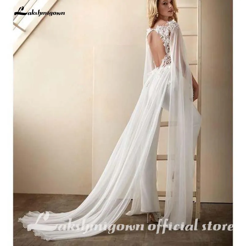 Roycebridal Wedding Dress Jumpsuits With Wrap Floral Appliqued Short Sleeves