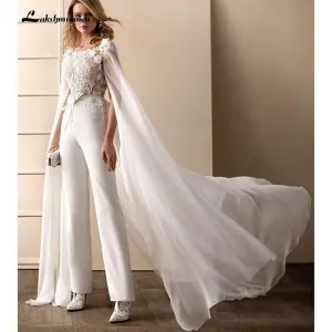 Roycebridal Wedding Dress Jumpsuits With Wrap Floral Appliqued Short Sleeves