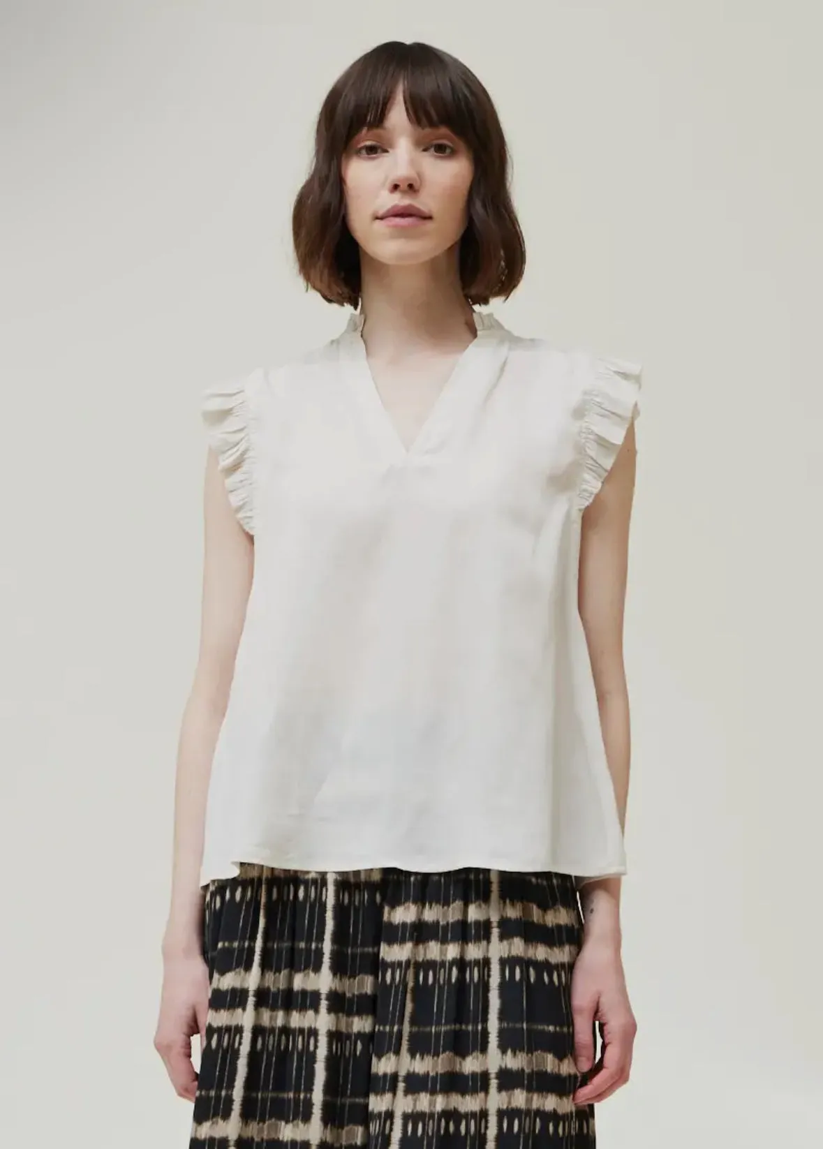 Ruffle Sleeve Satin Blouse -Yogurt