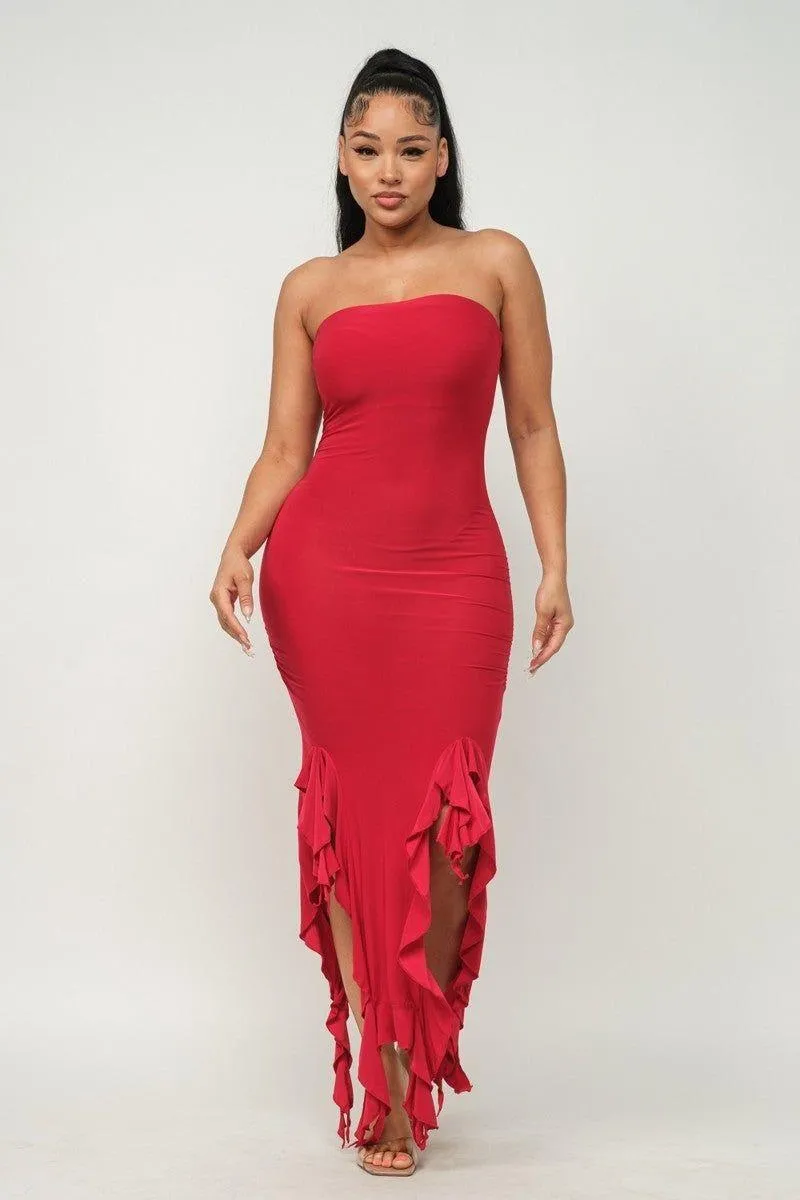 Ruffle Trim Slit Tube Maxi Dress